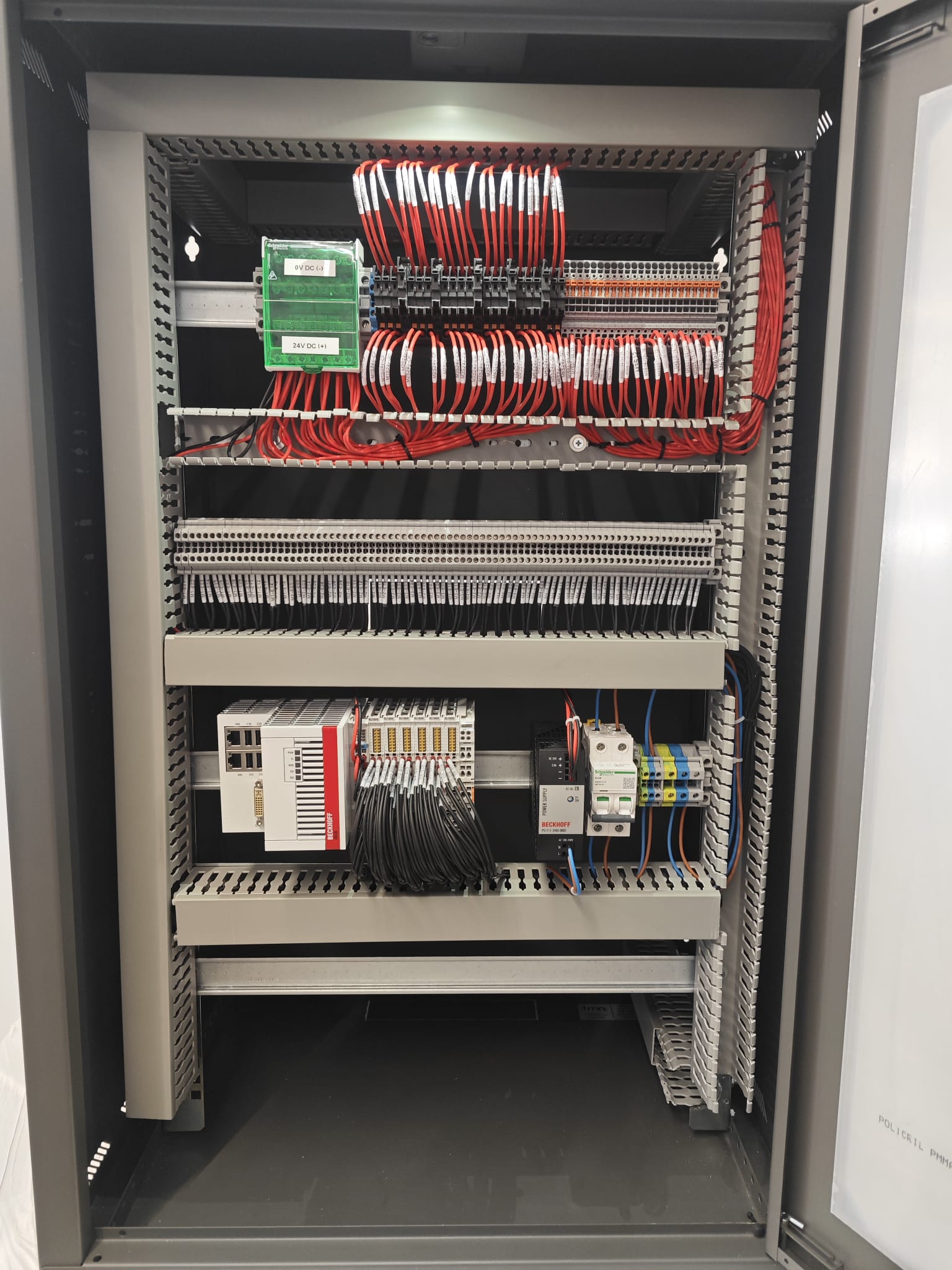 Cuadro de control con PLC, protecciones y cableado identificado