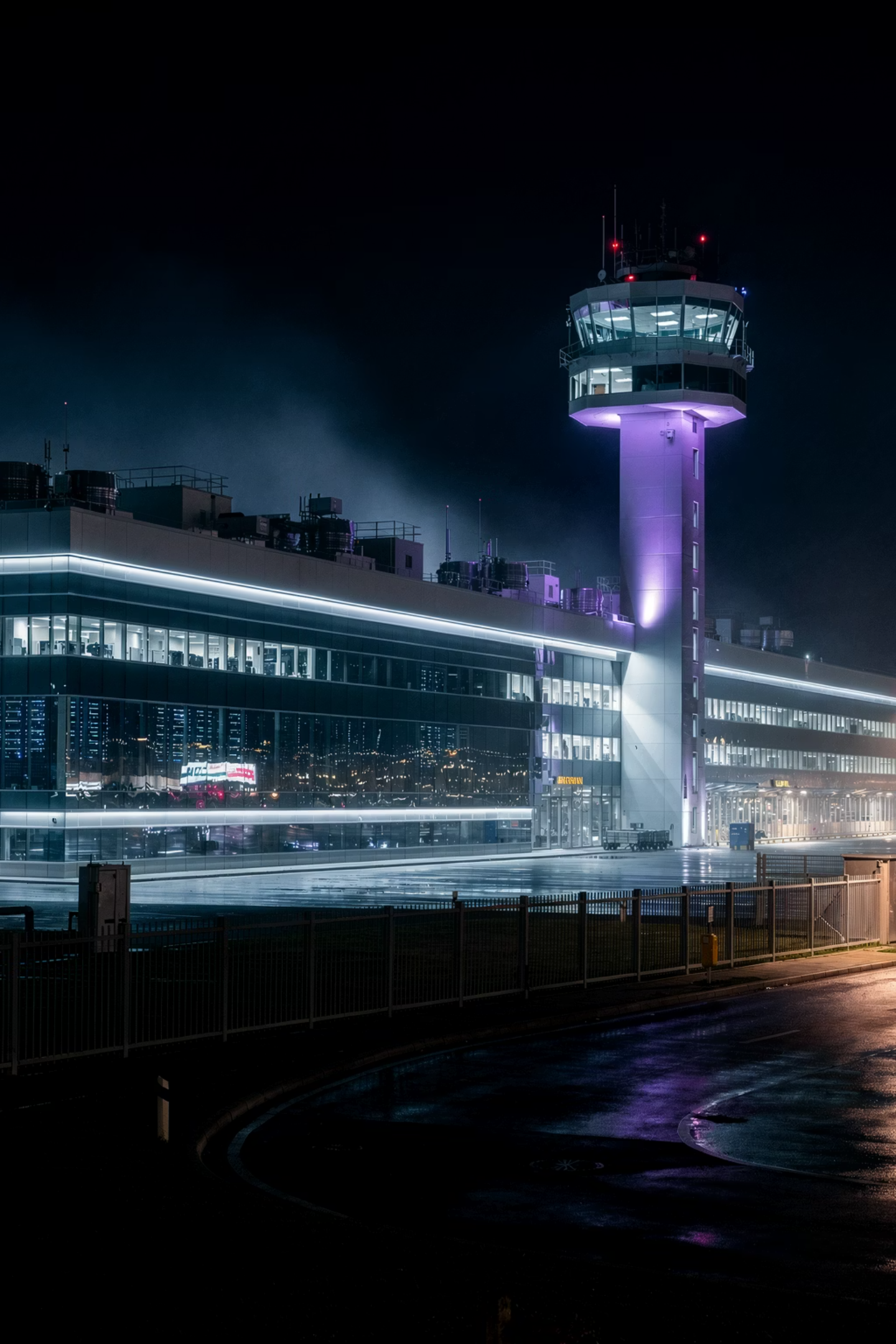 Infraestructura aeroportuaria iluminada durante una operación nocturna