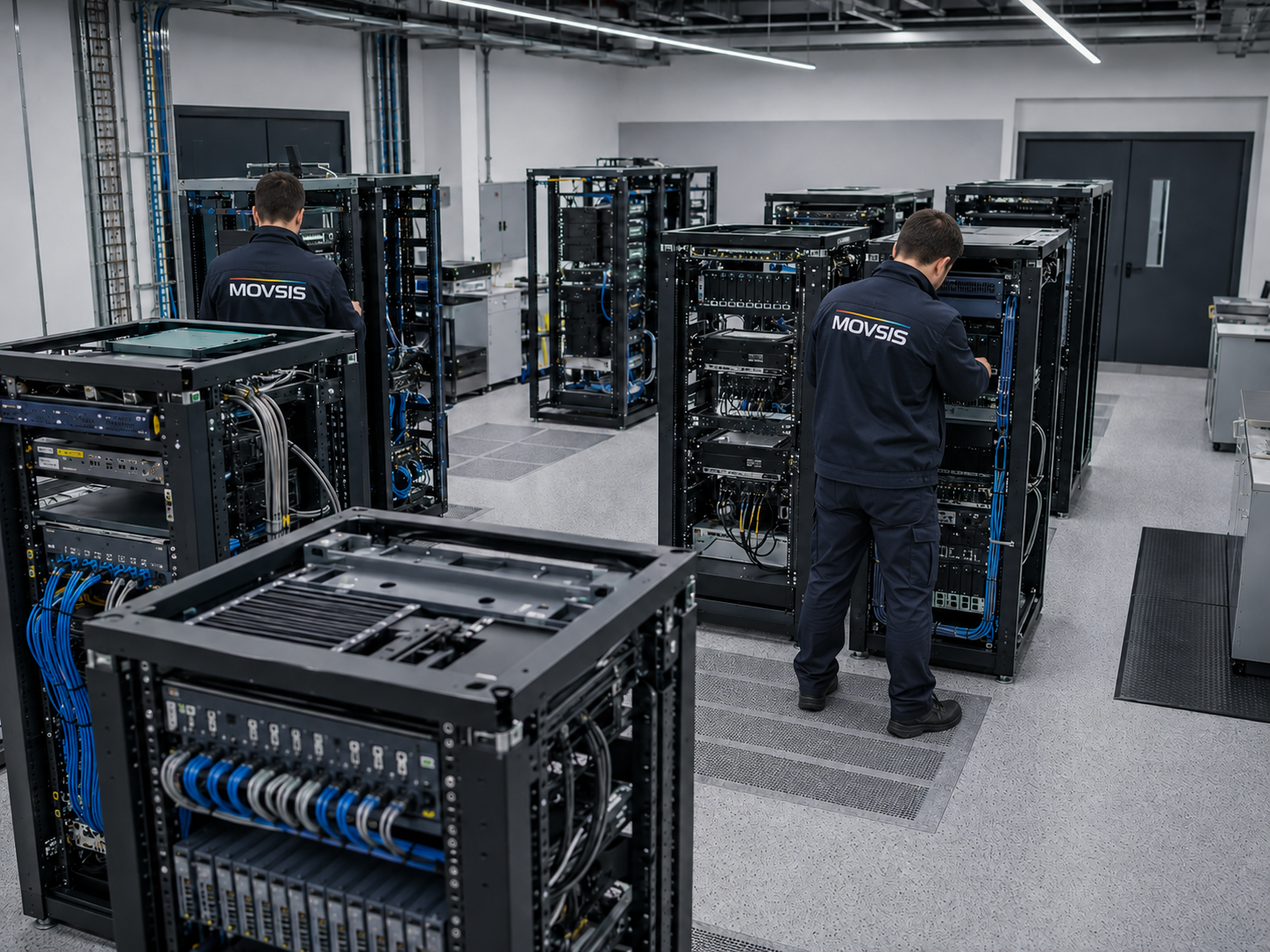 Técnicos de MOVSIS integrando y verificando equipos en racks