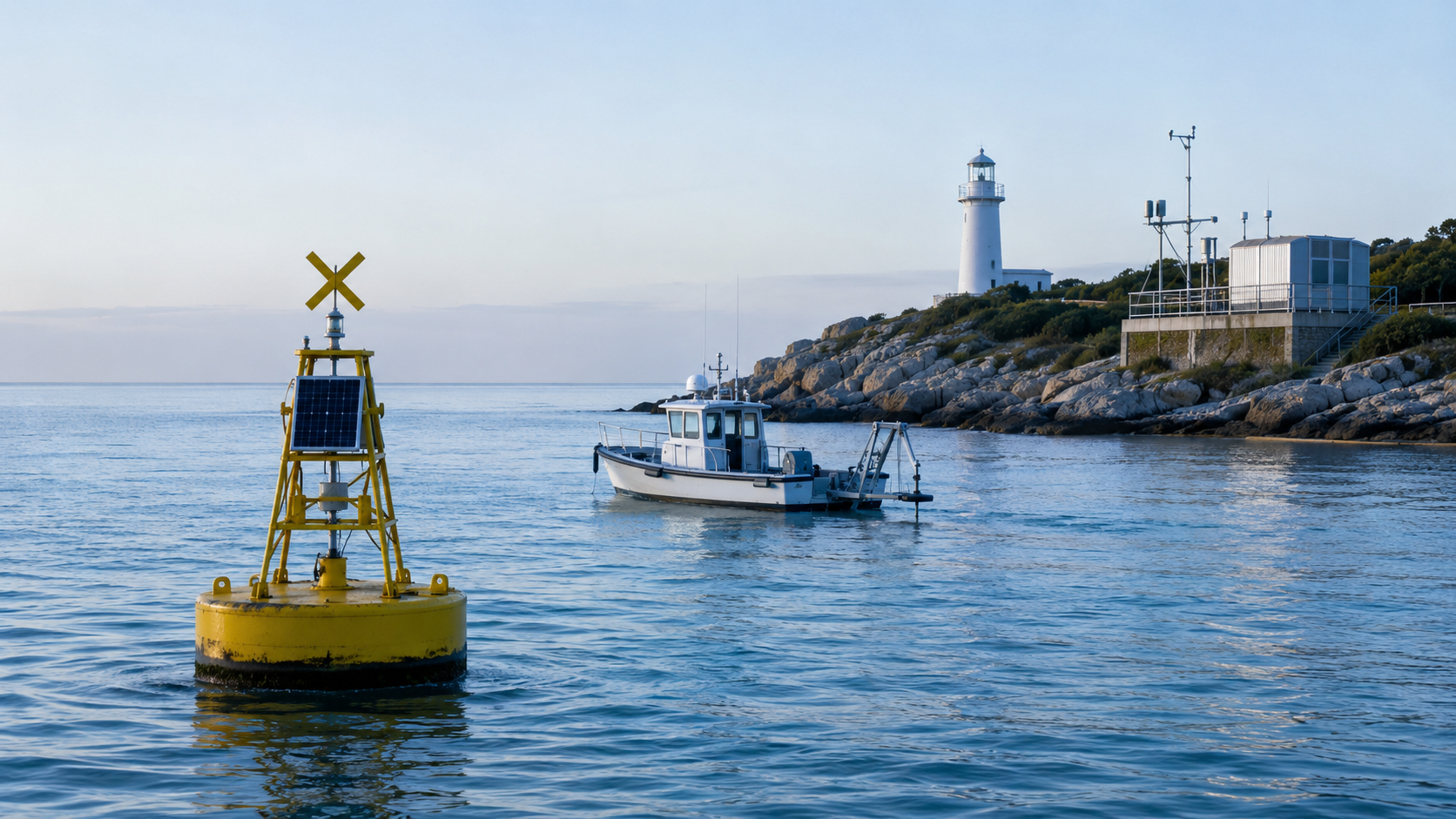 Boya de señalización, embarcación técnica y estación costera de monitorización marítima
